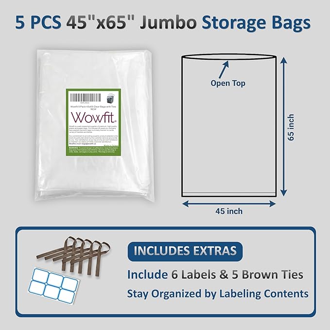 Wowfit 5 CT 45x65 inches Extra Large Clear Plastic Bags Perfect for Car Seat, Luggage, Suitcase, Stroller, Chair, Kids Bike and Attic Storage (3 Mil Flat Bags)