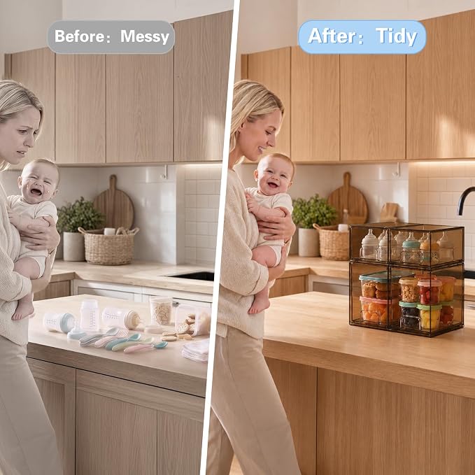Baby Bottle Organizer, 4 Pack Tea Brown Acrylic Stackable Storage Drawers, Baby Bottle Storage Organizer for Countertop, Nursery, Vanity & Cabinet