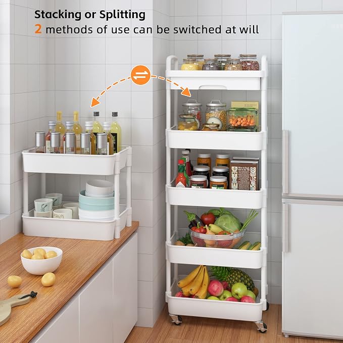 Calmootey 5-Tier Rolling Utility Cart with Drawer,Multifunctional Storage Organizer with Plastic Shelf & Metal Wheels,Storage Cart for Kitchen,Bathroom,Living Room,Office,White | Space-Saving Organizer, Sturdy Plastic Shelves, Smooth-Rolling Metal Whee...