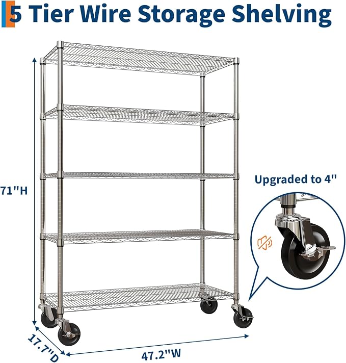 Garvee 5-Tier Metal Shelving with Wheels, Adjustable Storage Shelves Heavy Duty 2000LBS, Chrome Plating Utility Rack NSF Wire Shelving, for Kitchen, Garage, Pantry, Commercial, 47.2" Wx17.7 Dx70.9 H