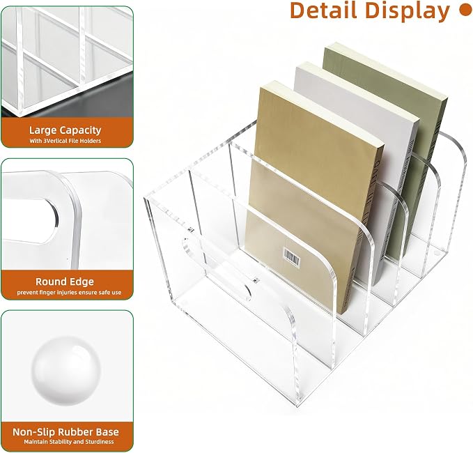 Clear Acrylic Magazine File Holder, 5 Compartment Desk Organizer | 5 spacious vertical compartments hold magazines, files, books & more. Clear acrylic, non-slip base. No assembly, portable.