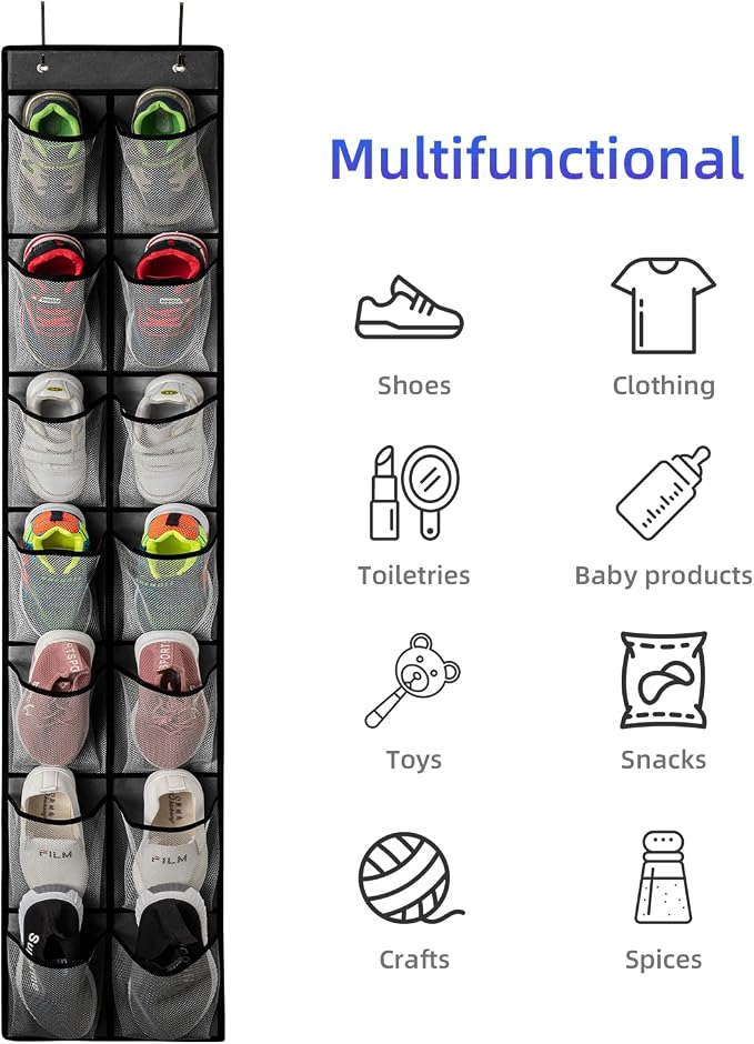 KEEPJOY 2 Pack Grey14 Pockets Over the Door Shoe Organizer, Hanging Shoe Organizer with 4 Hooks Door Shoe Holder with Mesh Deep Pockets Closet Door Shoe Storage Bag (Grey-2Pack)