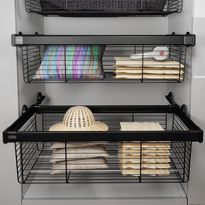 Pull Out Cabinet Storage Basket,Stackable Detachable Baskets Closet Storage Box,Telescopic Coat Drawer for Kitchen,for Kitchen Office Wardrobes Cupboard Storage(Black,464x456x205mm)