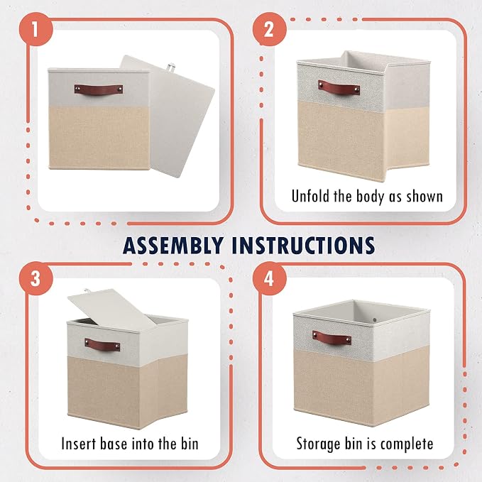 Ornavo Home 13x13 Foldable Fabric Storage Cube Bins, 6 Pack, White/Khaki | Collapsible Linen Shelf Basket Organizer; Leather Handles; Ideal Cube Storage For Closet