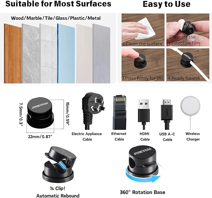 6 Magnetic Spring Cable Clip Rotatable Cord Holder Desktop Cord Organizer 2 Charging Cord Protectors for Nightstand Phone Charger Organizer Computer Desk Cable Management Appliance Adhesive Wire Strap
