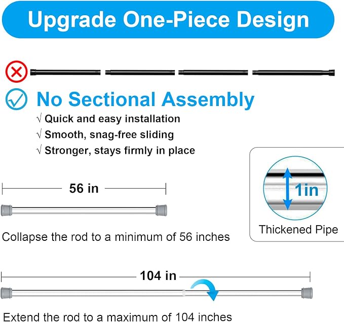 No Sectional Assembly Tension Curtain Rod 56-104 Inch | 1" Diameter Spring Long Adjustable Shower Curtain Rods for Bathroom Windows Closet No Drilling No Rust, Silver