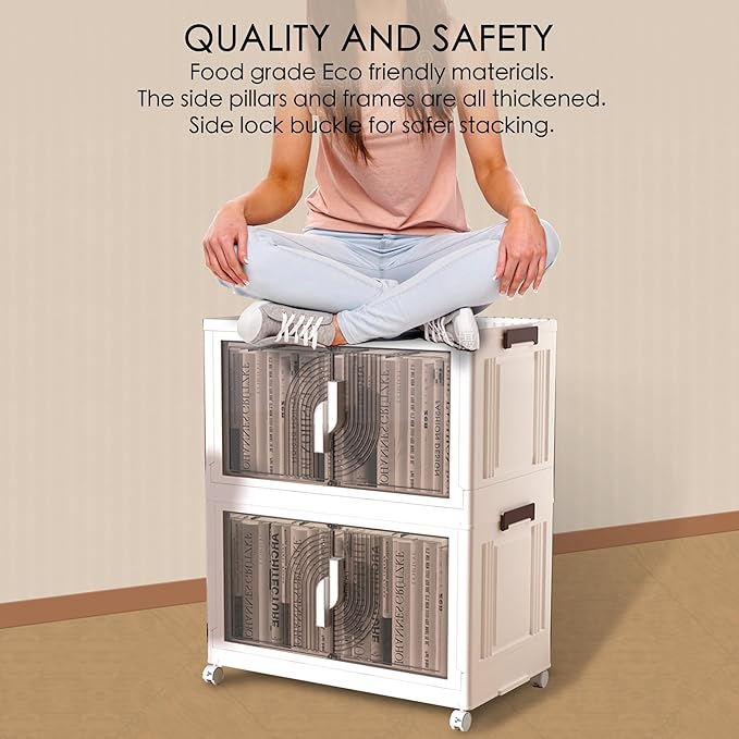 Kozyard Foldable Storage Bins with Lids Stackable Storage Bins with Doors and Wheels Magnetic Dual-Opening Doors Storage Containers for Bedroom, Living Room, Closet, Laundry (White-4Pack)