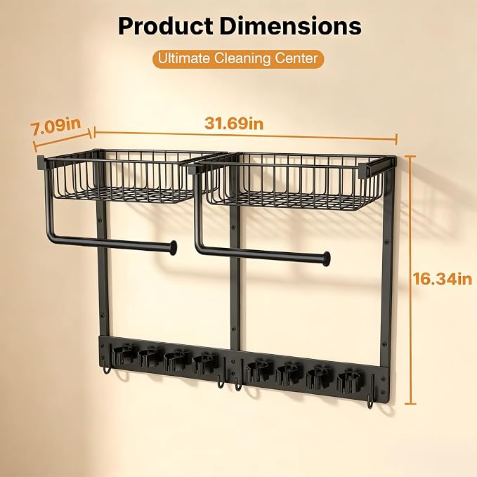 Broom Holder Wall Mount, Broom and Mop Organizer Wall Hanging with Paper Towel Holder & Removable Anti-fall Basket, Wall Mount Cleaning Supplies Organizer for Laundry Room, Apartment, Utility Room