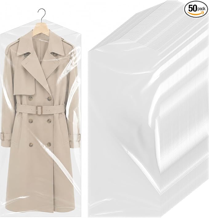 50Pcs Clear Plastic Garment Bags, 24x60 In Thick Transparent Clothing Dust Covers, Dry Cleaning Covers for Hanging Clothes, Laundry Bags Dust Proof Garment Bag for Closet Storage Travel