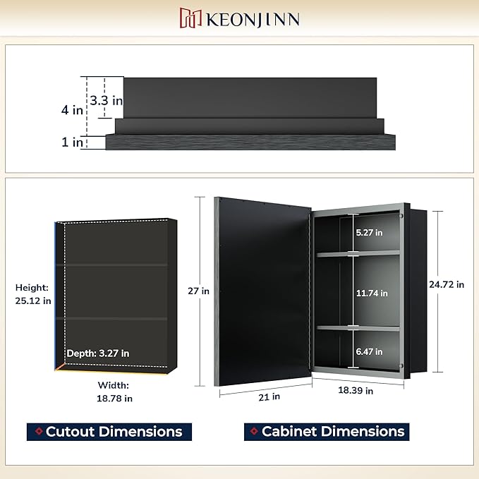 Keonjinn 21" x 27" Medicine Cabinet for Bathroom, Silver Recessed or Surface Wall-Mounted Aluminum Alloy Framed Beveled Mirror with Storage, Mirrored Cabinets with 2 Adjustable Shelves for Bath Modern