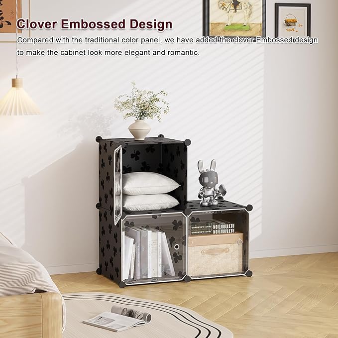 C&AHOME Cube Storage Organizer with Doors, 3-Cube Shelves, DIY Plastic Modular Bookshelf, Closet Clothes Storage Shelving Ideal for Bedroom, Living Room, Clover Embossed, Black