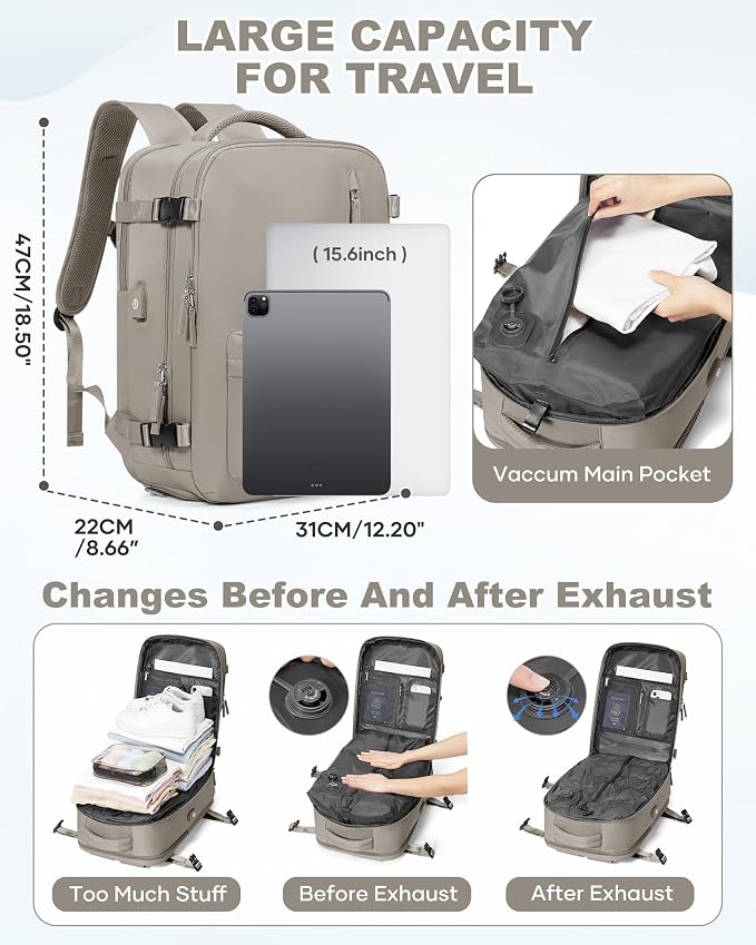 WONHOX Vacuum Seal Backpack for Travel with Air Pump 18x14x8 inches Vacpack Carry on Flight Approved Compression Daypack Laptop Space Saver Bag Storage with Vacuum System Travel Bags Women GreyBrown