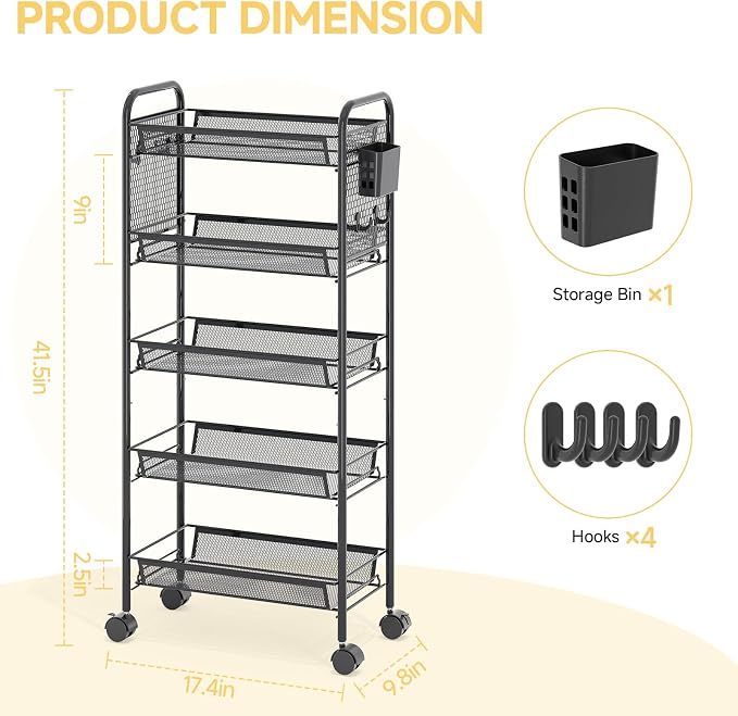 5 Tier Metal Rolling Utility Cart - Heavy Duty Storage Trolley with Pegboard, 4 Hooks & 1 Bin, Mobile Organizer Shelves for Bathroom Kitchen Office Craft Room Laundry, Black