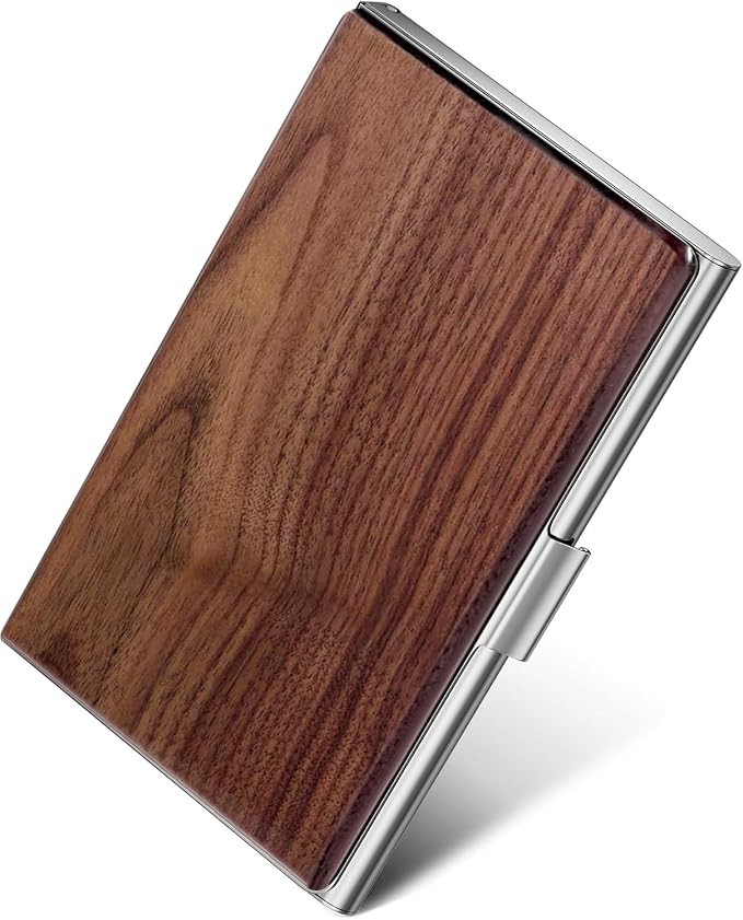 MaxGear Stainless Steel Business Card Holder, Slim Card Case, Walnut Wood | Soft Interior Lining, Buckle Closure, Fits Standard Business Cards and Credit Cards