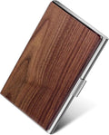 MaxGear Stainless Steel Business Card Holder, Slim Card Case, Walnut Wood | Soft Interior Lining, Buckle Closure, Fits Standard Business Cards and Credit Cards