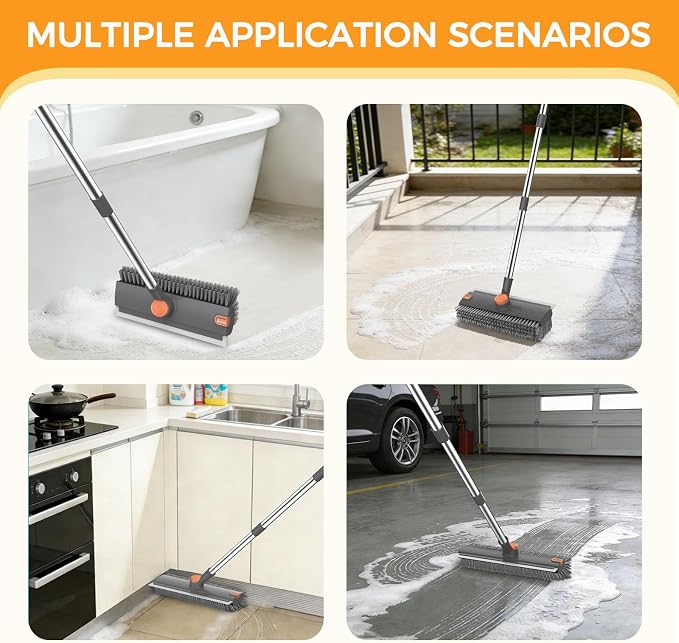 SetSail Floor Scrub Brush, 3 in 1 Floor Scrub Brush with 54-in Adjustable Long Handle and Scraper Heavy Duty Stiff Bristle Floor Scrubber for Cleaning Shower Bathroom Kitchen Patio Garage, Grey&Orange