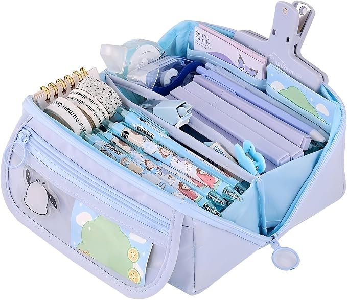 Pencil Case Pouch Box Cute Kawaii Large Capacity Aesthetic Zipper Pen Holder Organizer Bag for Kids (Z-Blue)