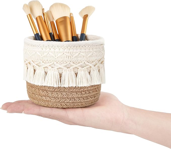 Mkono Macrame Makeup Brush Holder, Boho Mini Storage Basket Set of 2 | X-Small 3.9"W x 3.9"H, Yellow and White, Comb Pens Tiny Succulents Holder, Bedroom Vanity Living Room Bathroom Dorm Office