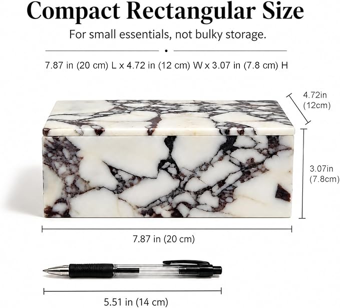 Natural Marble Rectangle Jewelry Box with Lid, 7.87 in | A rectangle marble box for watches, jewelry, slim glasses, hair ties, and dresser-top organization.