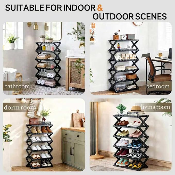 6 Tier Bamboo Shoe Rack Black,Portable Folding Shoe Storage Rack,Without Installation Small Shoe Rack Perfect for Corridors, Drom, Bedrooms and Small Spaces