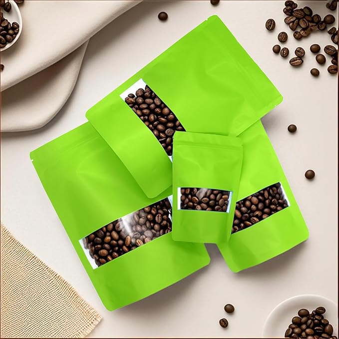 100PCS Foil Pouch Mylar Bags with Clear Window,ULIFESTAR Stand Up Sealable Bags with Tear Notches,Resealable for Food,Party Favors,Gift Packaging and Small Business(12 * 20cm/4.72 * 7.87",Green)