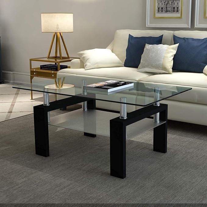 Meihua Rectangle Glass Coffee Table 2-Tier Tea Table Modern Center Coffee Table for Living Room