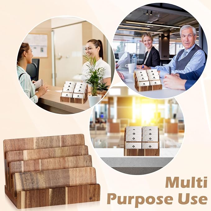 DLUGOPIS 4 Tier Acacia Wood Business Card Holder Desktop Business Card Display Stand Multiple Wood Business Card Organizer Gift Card Display Rack Pamphlet Display Stand for Exhibition Home Office