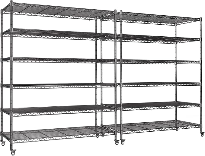AIRAJ 6 Tier Wire Shelving 2 Pack | 46”W Storage Shelves with Wheels | 3600 LBS Metal Shelving Heavy Duty | Garage Shelving Units and Storage | Wire Rack Adjustable Layer Height | 46”W×18”D×80”H