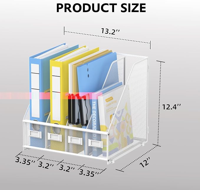 4 Vertical Compartments Magazine File Holder, Metal Binder Organizer, White | Space-Saving Desktop Storage, Built-In Label Holders, Anti-Slip Feet, Sized for Binders, Folders, Magazines and Files