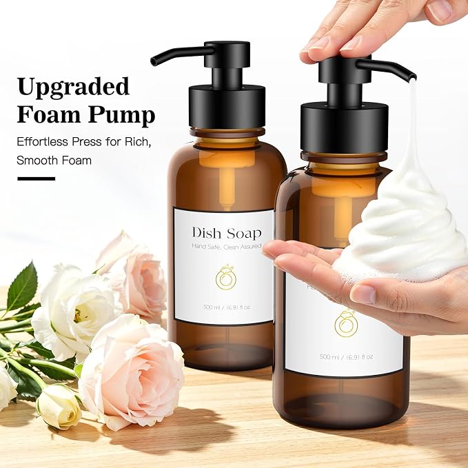 16.9 Oz Glass Foaming Soap Dispenser 2 Pack (Amber) | Refillable Hand & Dish Soap Pump, With Silicone Tray & 8 Waterproof Labels, For Bathroom & Kitchen，Perfect Housewarming Gift