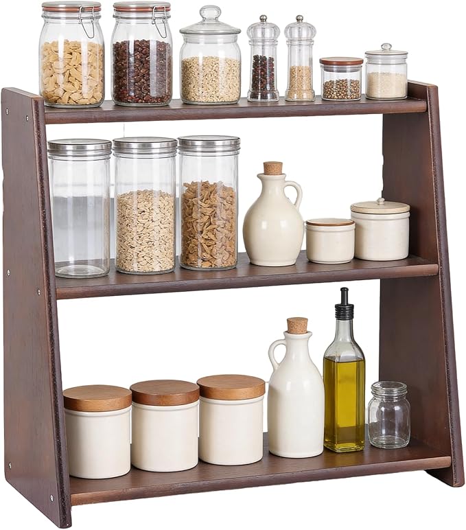 100% Solid Wood Coffee Station Organizer, Countertop Organizer | 3 Tier Spice Rack, Kitchen & Bathroom Counter Organizer, Water Proof Rustic Display Shelf for Mug, Makeup, Trinket, perfume