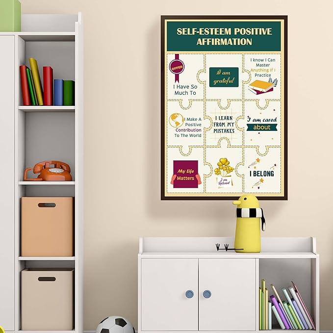 LOLUIS Mental Health Poster, Therapy Educational Supplies Art Print Classroom School Office Decor (Self-Esteem Positive Affirmations, Custom Frame Type)