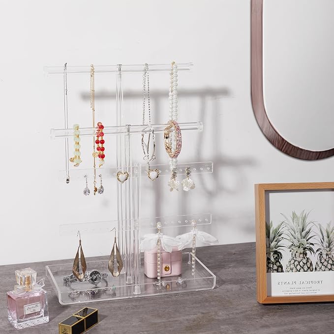 Acrylic Jewelry Organizer Stand with Tray, 4-Tier 14" Tall Tangle-Free Clear Jewelry Display Holder for Hanging Long Necklaces & Bracelets, 40 Earring Holes, Tower Tray Storage for Rings Watch Perfum