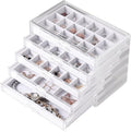 Frebeauty Acrylic Jewelry Organizer Earring Organizer Box with 5 Drawers Earring Holder Organizer with Velvet Trays Clear Jewelry Box for Women Earring Display for Rings Studs(White) | 61 Jewelry Storage Grid for Rings Studs Bracelet,Velvet Lining,Tran...