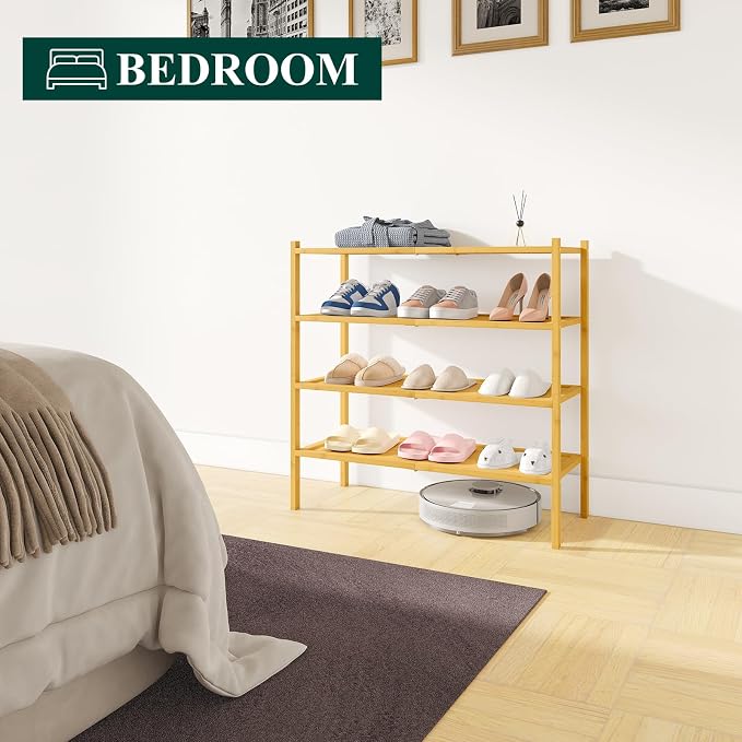 Smiry Bamboo Shoe Rack, 4 Tier Shoe Organizer for Entryway & Closet, Stackable Free Standing Storage Shelf for Shoes, Bags & Plants, Natural