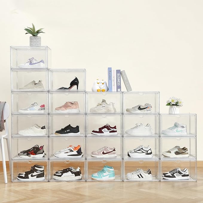 Acrylic Display Cases for Collectibles - Stackable Plastic Storage Shoe Boxes - Magnetic Lid, Figure Organizer