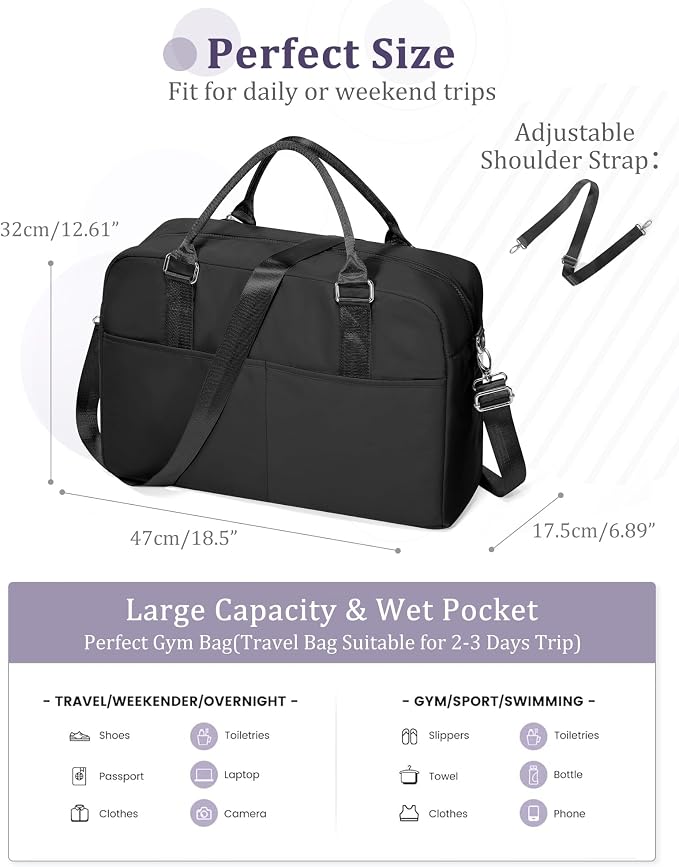 Gym Bag for Women,Travel Duffle Bag for Travel with Wet Pocket Weekender Overnight Carry On Tote Bag Luggage Bag with Trolley Sleeve Personal Item Travel Bag Hospital Diaper Bag Black