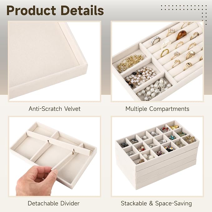 Homaisson Jewelry Drawer Organizer, Velvet Jewelry Tray, Multiple Compartment Layout, Set of 4 Jewelry Organizer for Rings, Earrings, Bracelets, Necklaces (Beige)