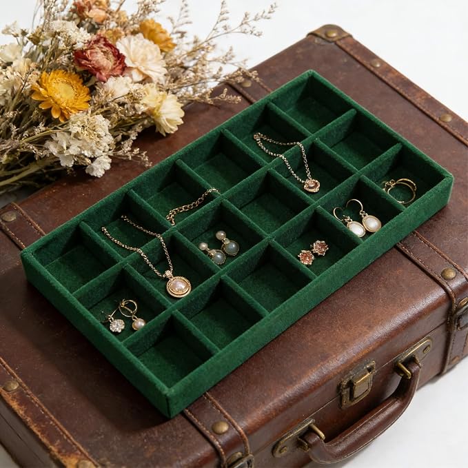 Velvet Jewelry Organizer Trays Dark Green Stackable Jewelry Storage Display Tray with Removable Dividers, 18 Grids