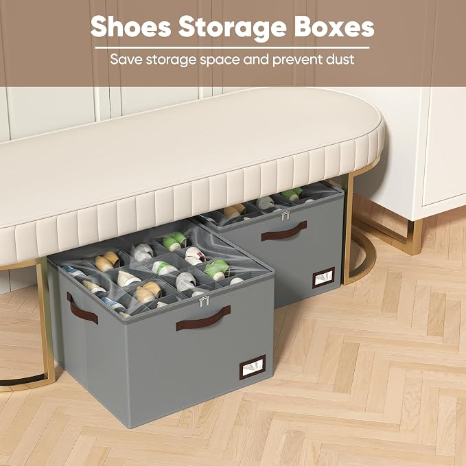 OIAHOMY 2 Pack Shoe Organizer for Closet, Large Foldable Shoe Storage Bins with Dividers and Reinforced Handles, Each Clear Cover Sneaker Box Fits Up to 16 Pairs for Entryway and Bedroom, Grey