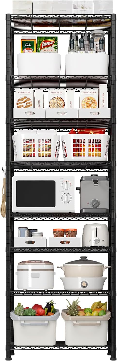 Karl home Segmentable 8-Tier Storage Shelving, Adjustable Metal Shelves Wire Storage Rack for Garage Kitchen Basement,1600LBS Capacity 78.74" H X 23.62" W X 13.78" D,Stainless S Hooks,Black
