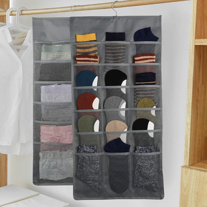 Bseash Enlarged Closet Hanging Bra Organizer with Rotating Metal Hanger, Dual Sided Wall Shelf Wardrobe Mesh Pockets Hanging Storage Bag for Bra Socks Underwear Underpants