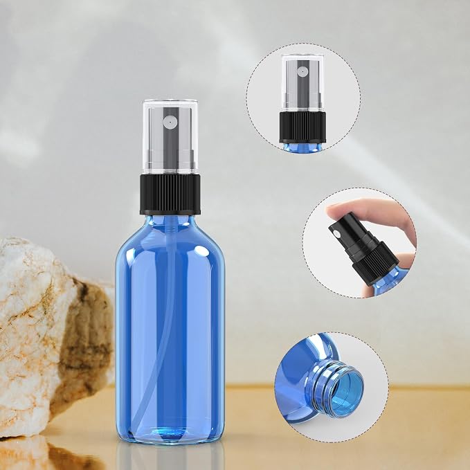 Wedama 2 oz Mini Glass Spray Bottles, Empty Small Spray Bottles with Funnel Dropper, Fine Mist for Hair, Travel, Plants, Cleaning Solutions and Skin Care (4 Pack Sky Blue)