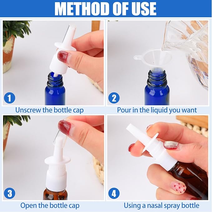 10 Pcs Nasal Spray Bottle, 10ML/0.35OZ Glass Brown and Bule Nasal Spray Bottles Empty Refillable with 2 Funnels and 2 Labels