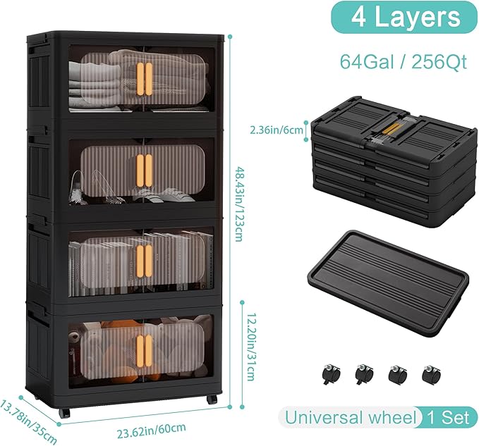 Foldable Storage Cabinet，Plastic Cabinet，Stackable Storage Bins， Open Front with Magnetic Door and Wheels (Extra Large-4Tiers)