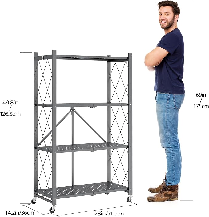 4 Tier Folding Storage Shelf with Wheels – Heavy Duty Metal Organizer Rack, No Assembly Utility Shelving Unit with Locking Casters for Garage, Kitchen, Pantry, Basement, Office (Gray-A, 4 Tier)
