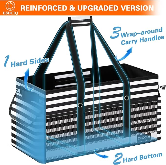 Extra Large Utility Tote Bag with Reflective Strip, Standing Reusable Grocery Bags with Hard Bottom, Collapsible Utility Tote with Handles for Shopping, Beach, Picnics, Car, Striped Black