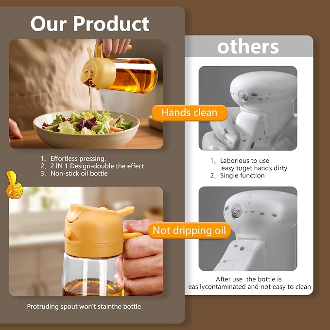SWEET VIEW Oil Sprayer for Cooking 16oz/470ml | Glass Oil Dispenser/Pour Bottle, Kitchen Accessories, Kitchen Gadgets for Air Fryer, Salad, BBQ, with Stickers (Yellow)