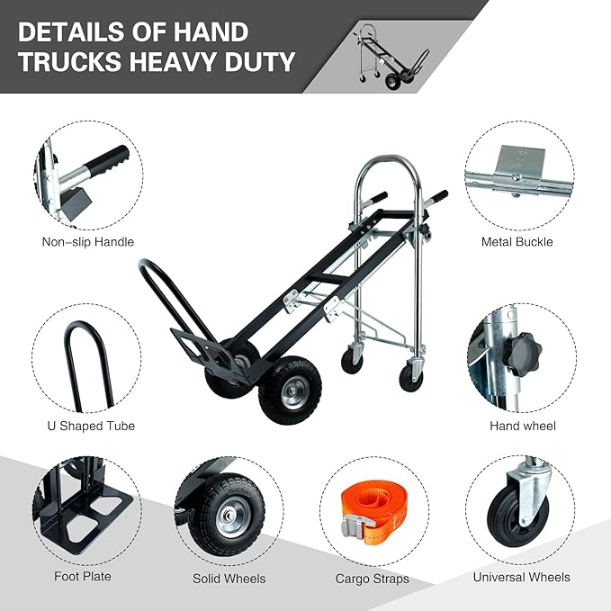 3 in 1 Folding Industrial Convertible Hand Truck,1000 LBS Capacity Aluminum Dolly,Heavy Duty Hand Truck Dolly Cart with Stair Climbing Wheels and Dual Handles for Transport,Moving (Black)
