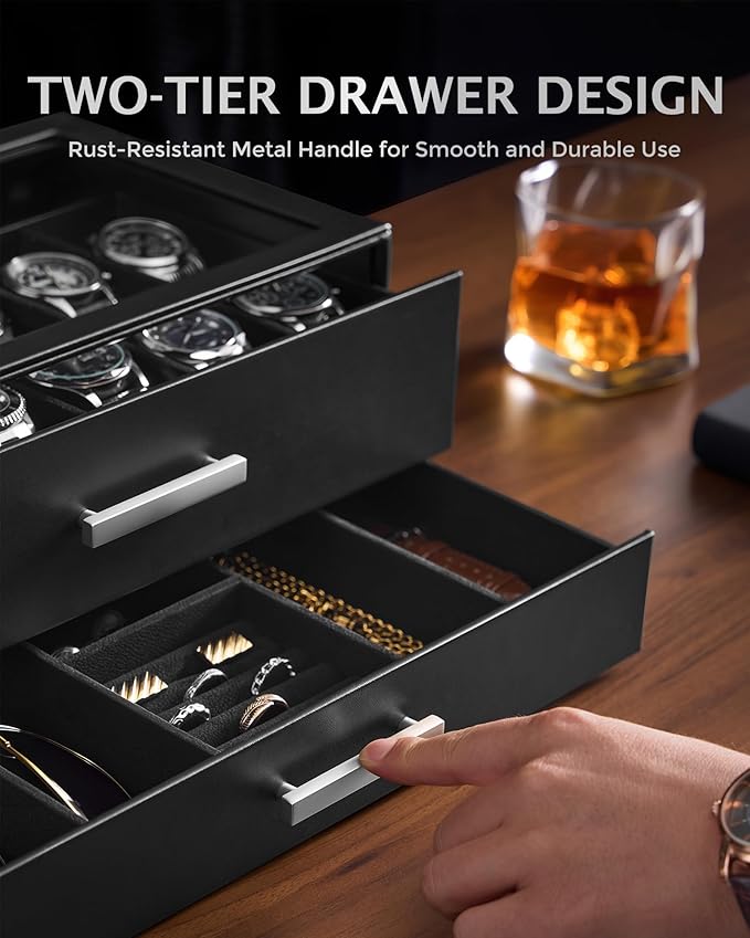 ProCase 12-Slot Watch Case for Men, 2-Tier Pull-Out Drawers Box -Black | Fathers Day Gift for Dad Men with Display Clear Top Lid, Jewelry Sunglasses Storage Organizer, Anniversary Birthday Gifts